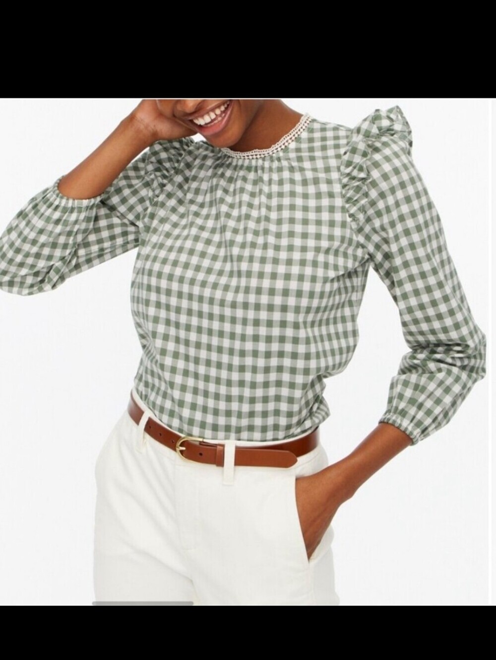 J. Crew Checked Puff-Sleeve Blouse in Sage Green